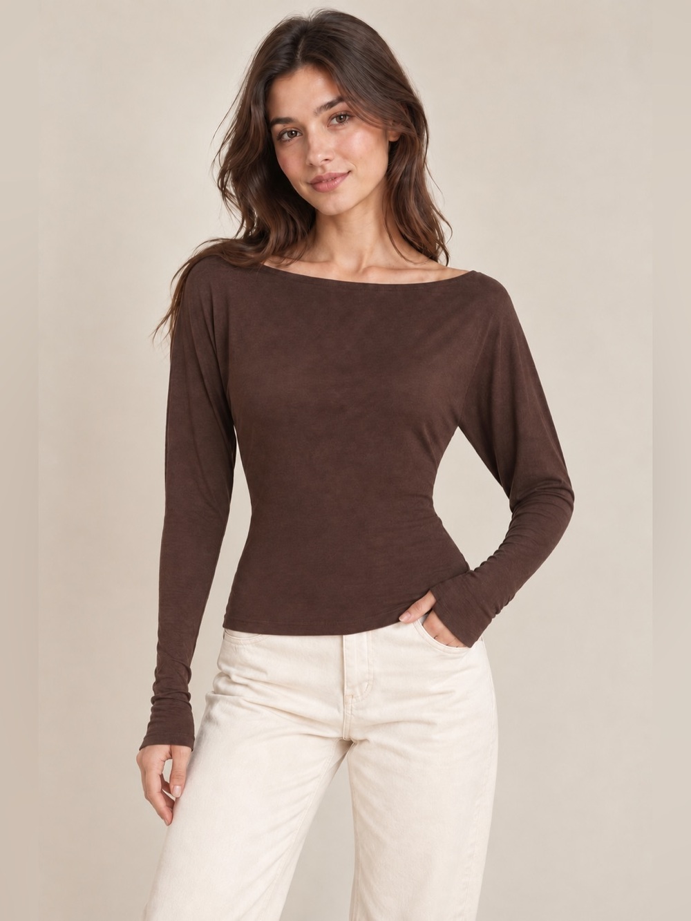 Antistar Chocolate Brown Boat Neck Stretch Top XS NWOT